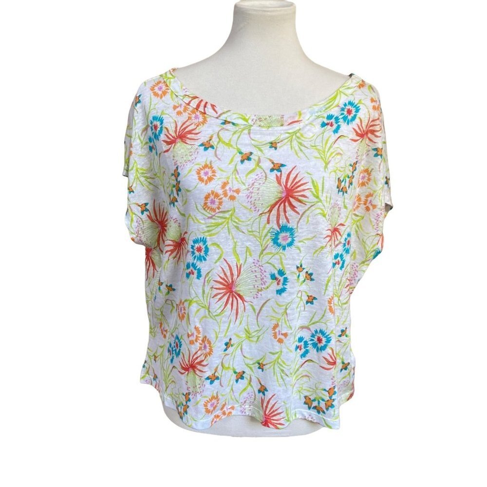 Joie Womens Top Size Large Linen Short Sleeve Tee Shirt Floral Lightweight New - Picture 6 of 12